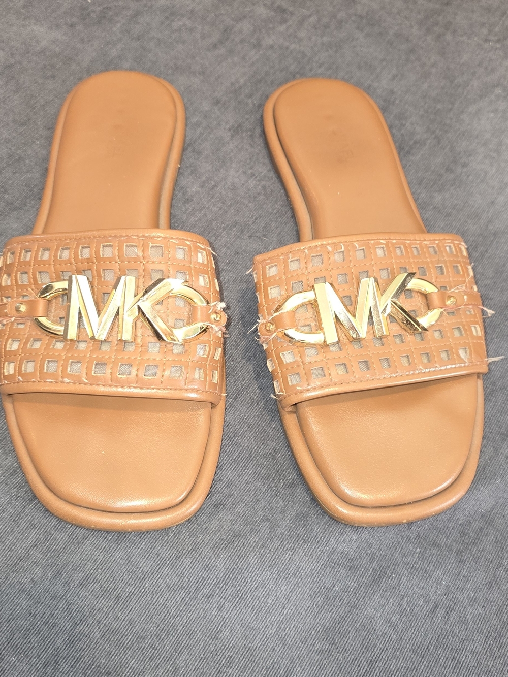Michael Kors Woven Leather MK Hardware Slide Sandals Tan 7M